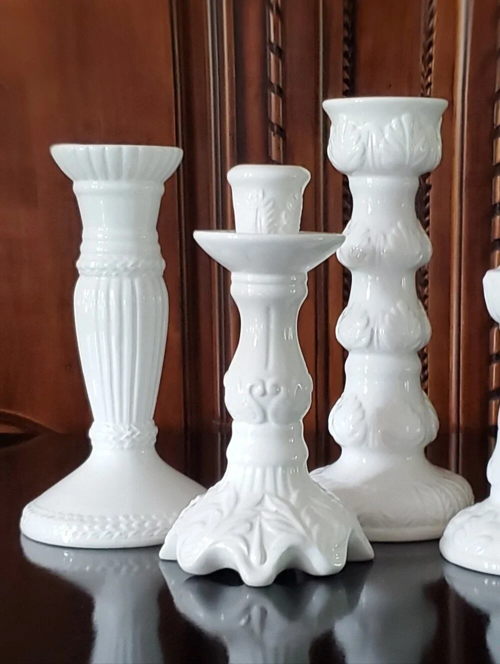 5 Pc Set White Various Design Ceramic Taper Candle Holders Varying Sizes
